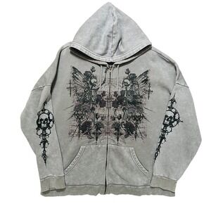 Social Collision Y2K Skeleton Wing Rose Zip Hoodie sz 2XL Emo Goth Fairy Grunge